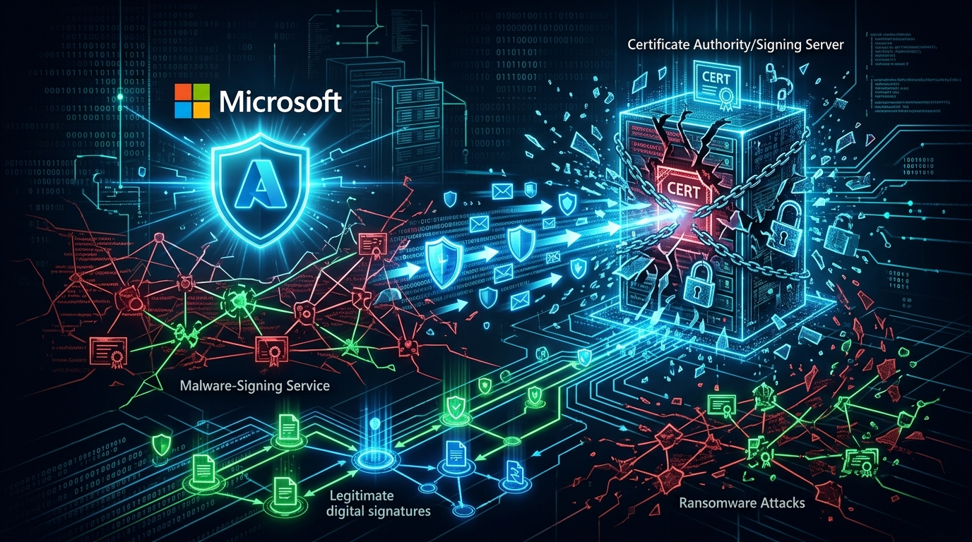 Ein zerbrochenes Siegel und Ketten über dem Microsoft-Logo