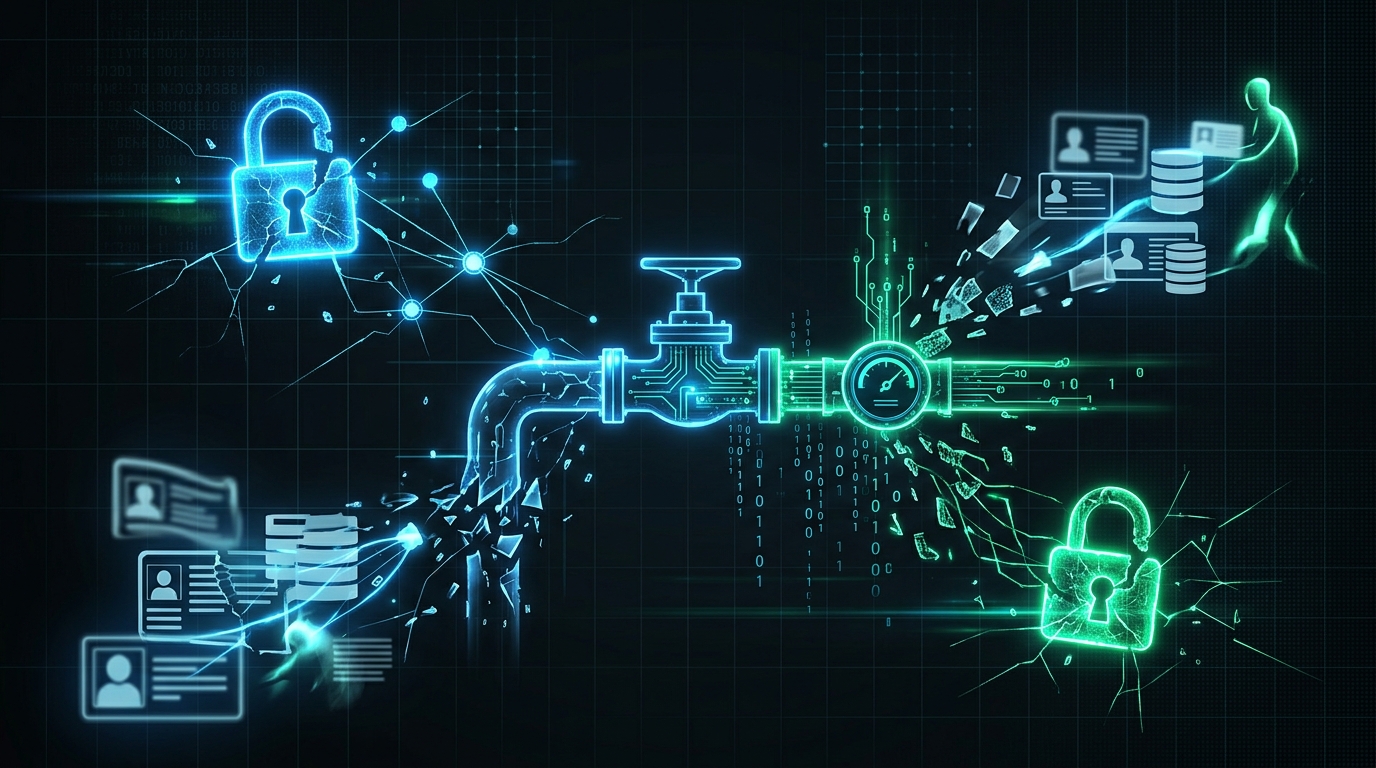 A cybersecurity data breach concept showing digital binary code flowing from a water tap.