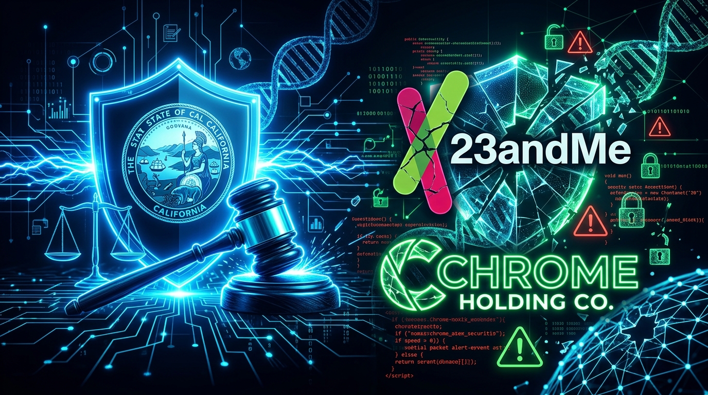 Kaliforniya Başsavcılığı binası önünde 23andMe logosu ve kırık bir kalkan simgesi.