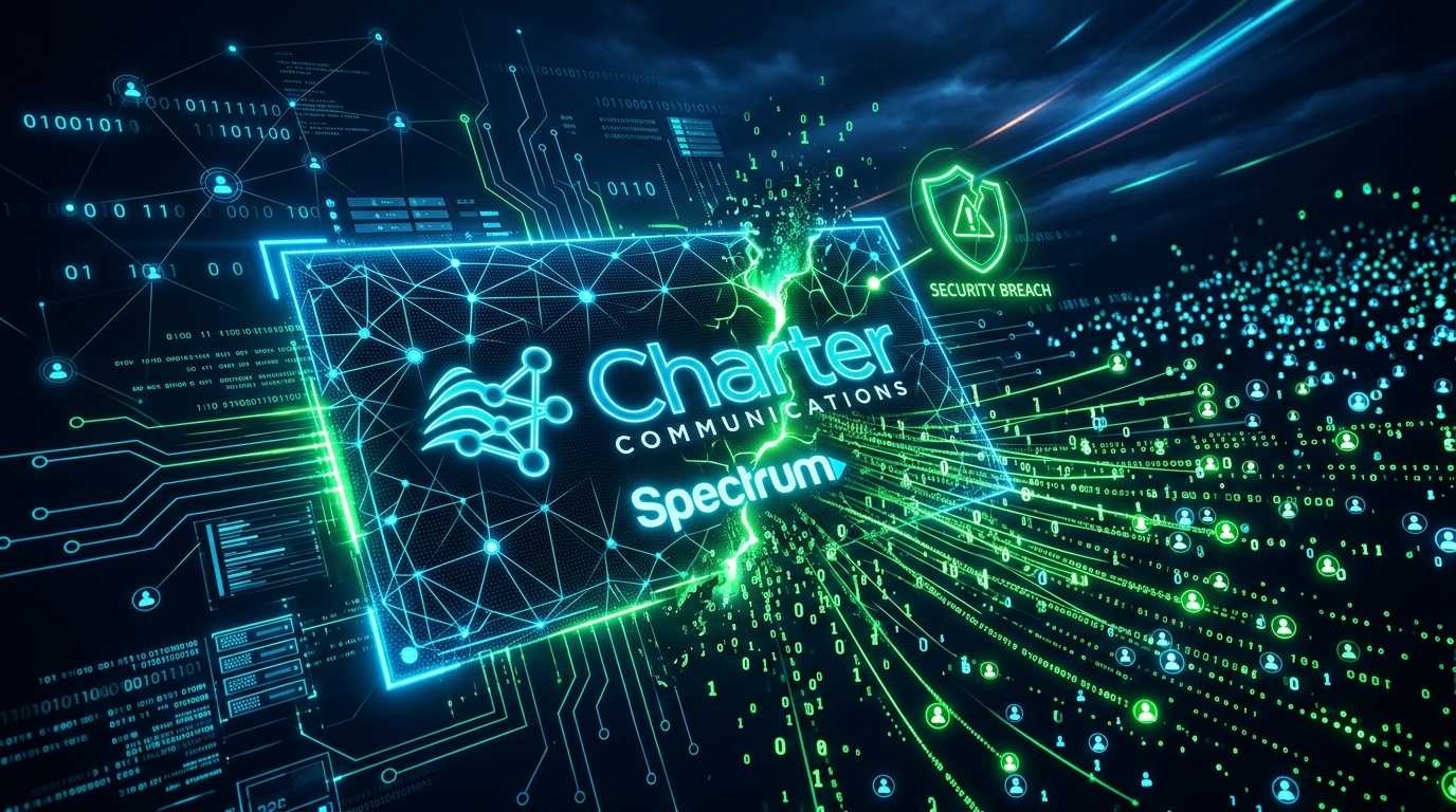 Charter Communications logosu, arkasında dijital kodlar ve bir kilit simgesi olan bir bilgisayar ekranında