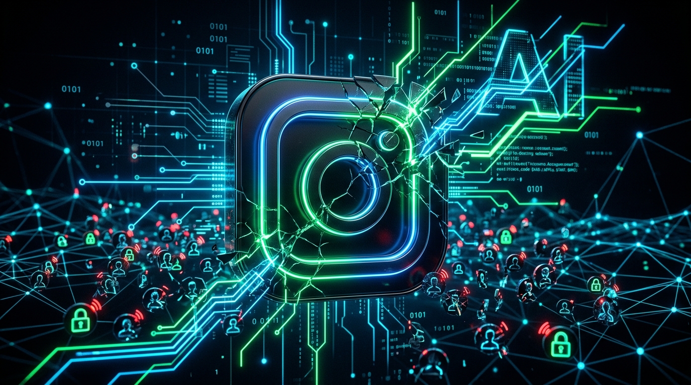 Instagram logosu üzerinde bir büyüteç ve yapay zeka simgesi bulunan konsept bir görsel.