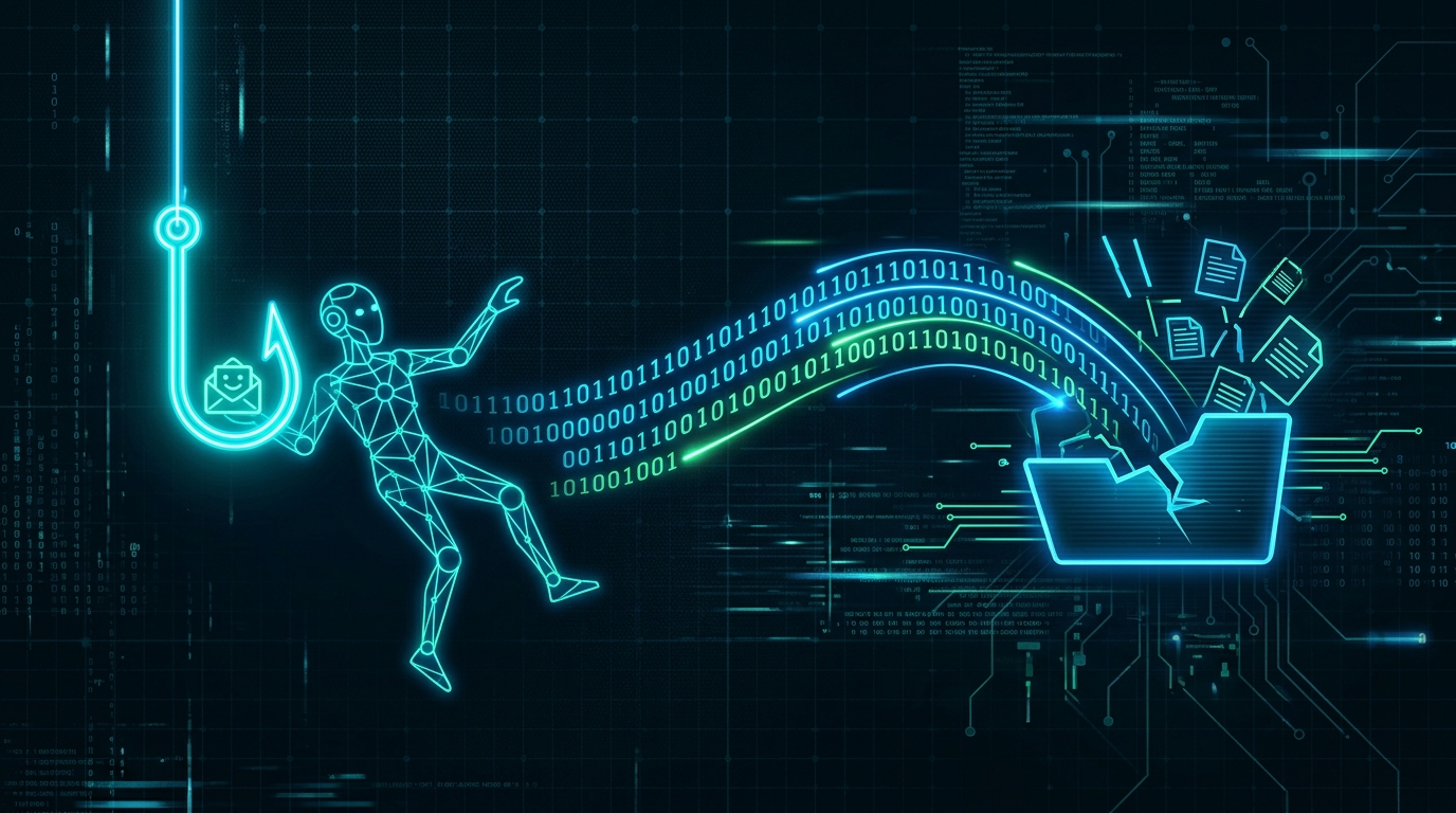 A symbolic image showing an AI robot falling for a phishing email trap and leaking data.