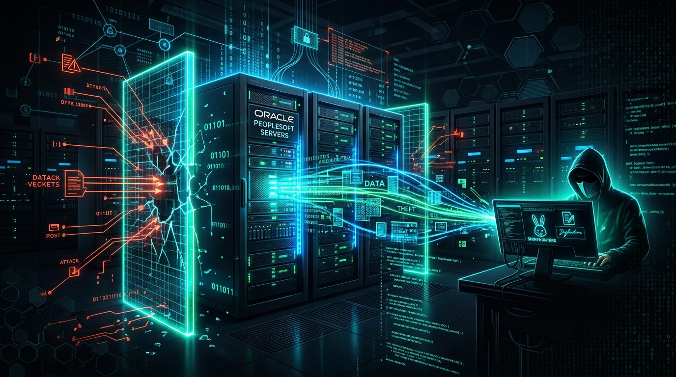 Oracle PeopleSoft logosunun üzerinde bir hacker kapüşonu ve ikili kodlar