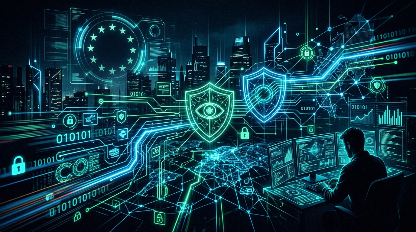 Eine Außenaufnahme des Gebäudes des Europarats mit einem darüber gelegten digitalen Schlosssymbol