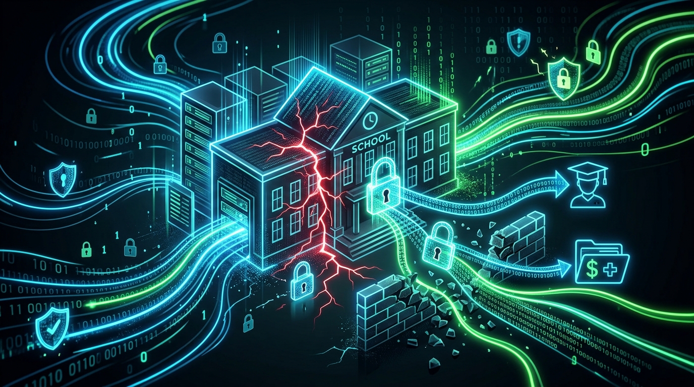 Ein Schloss- und Warnsymbol auf einem Laptop-Bildschirm, das die Cybersicherheitskrise im EdTech-Bereich darstellt.