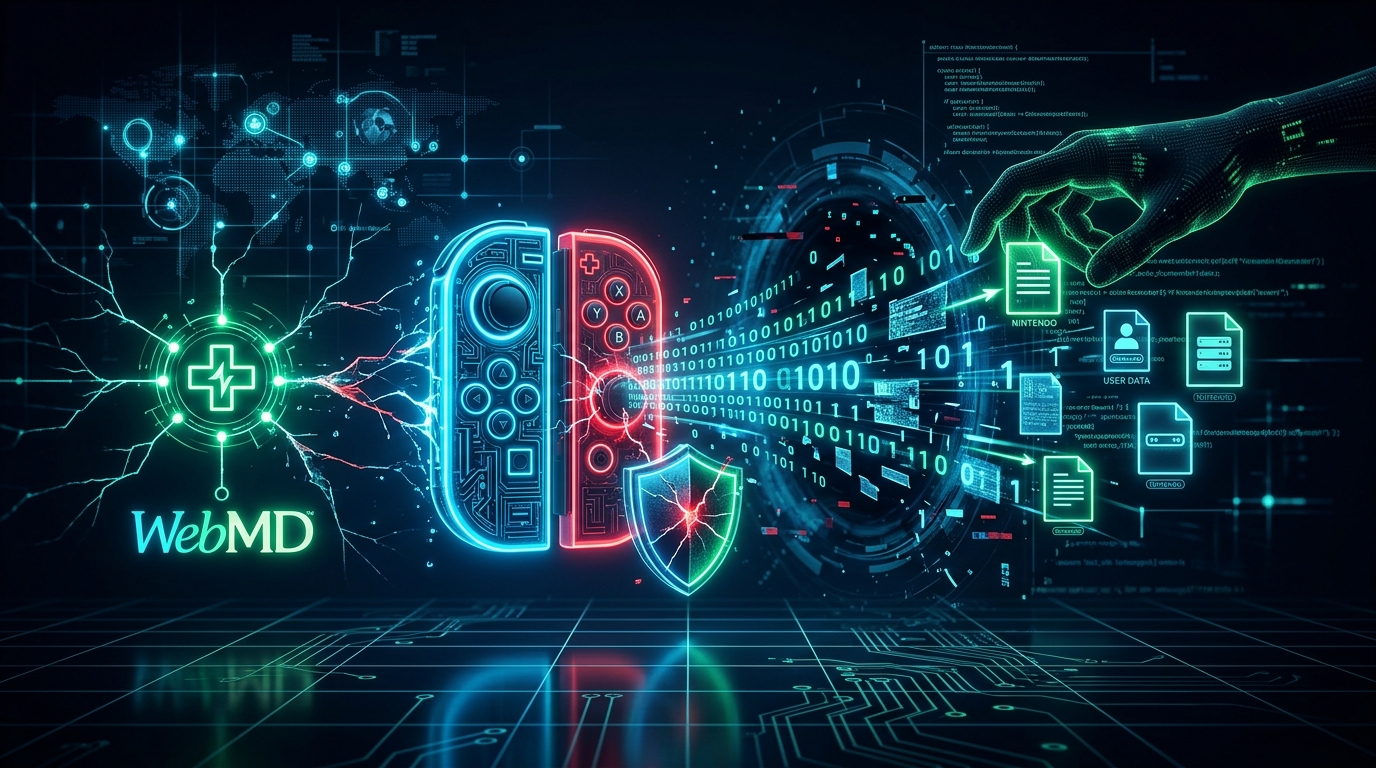 A Nintendo logo with a digital lock and data stream graphics in the background, representing cybersecurity.