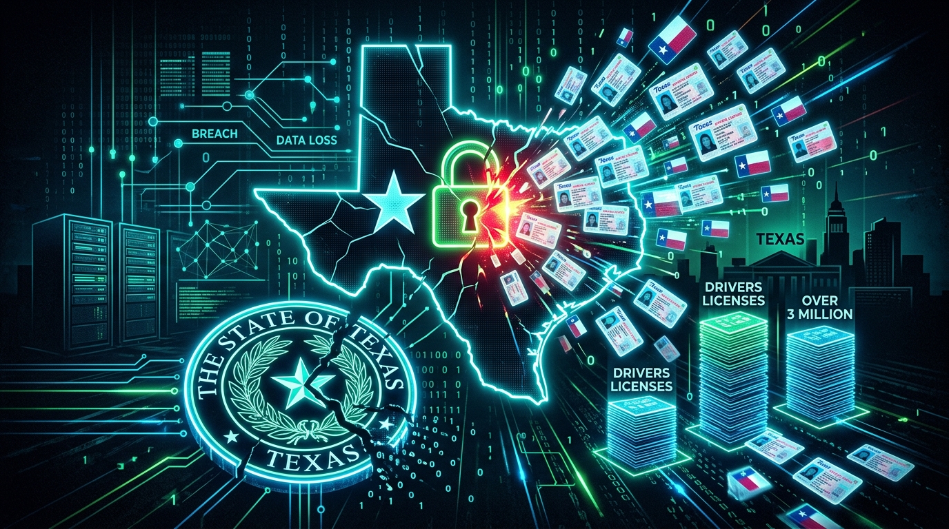 Texas hökumət binasının önündəki bir kompüter ekranında görünən kilid və xəbərdarlıq simvolu.