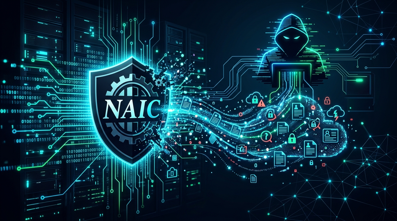 A lock icon between the NAIC and ShinyHunters logos, with a server room in the background.