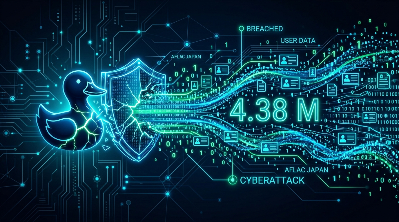 The Aflac logo is shown with digital locks and code overlays symbolizing a cybersecurity breach.