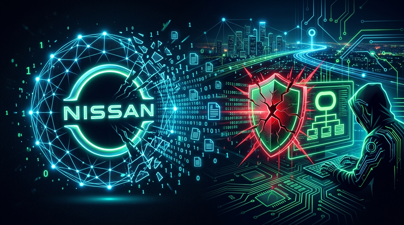 Nissan logosu, Oracle PeopleSoft sistemindeki veri ihlalini temsil eden bir siber güvenlik konsepti üzerinde.