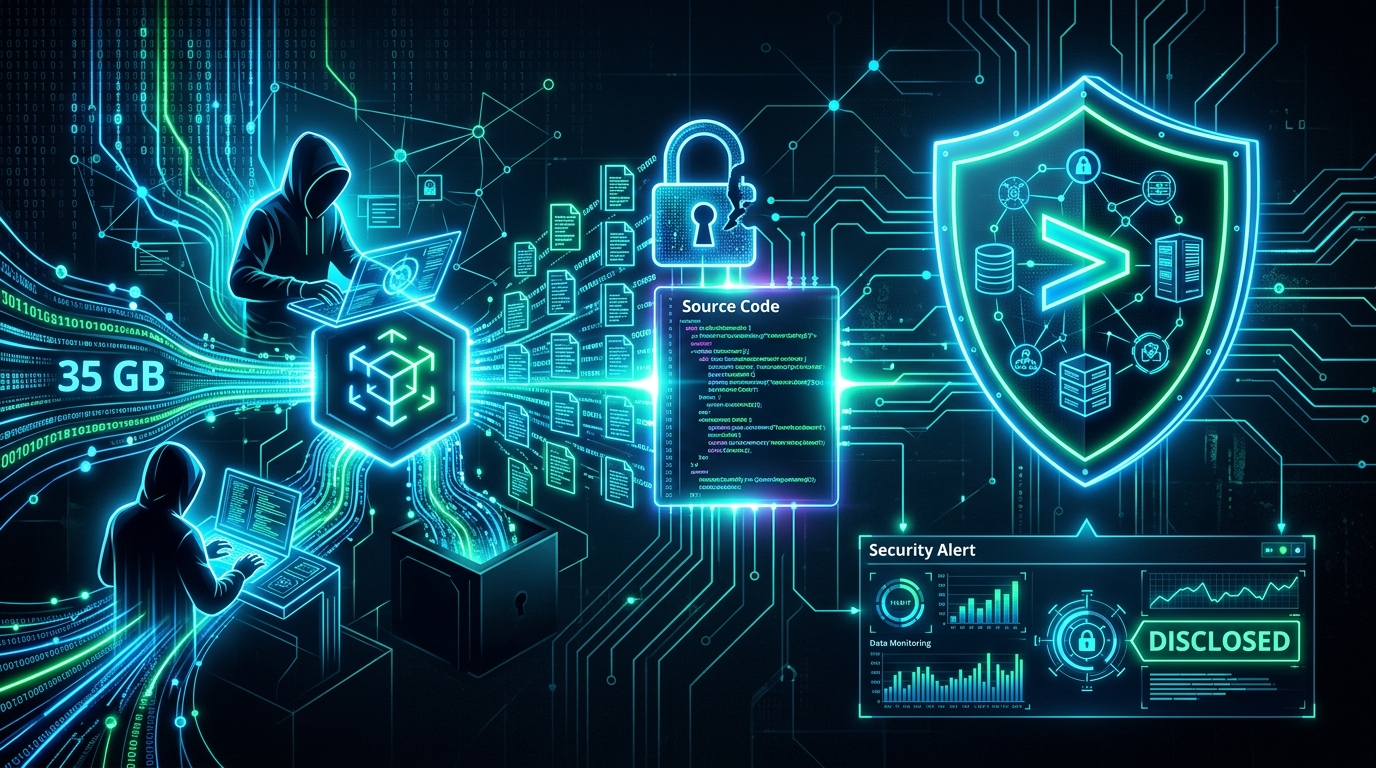 A symbolic cybersecurity attack image showing a hacker stealing 35 GB of data from Accenture.