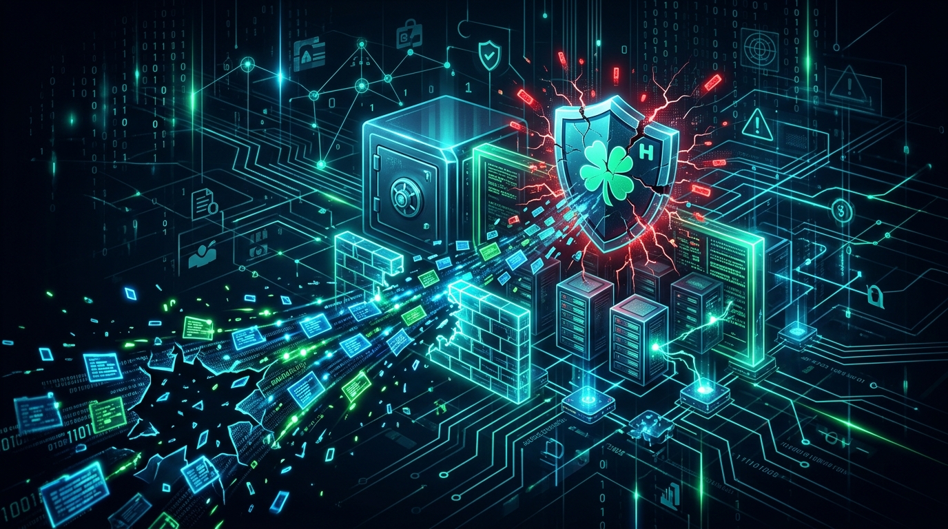 Clover Health logo in front of a broken padlock icon and computer code background