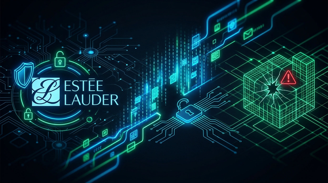 Estée Lauder logo with a blurred technology background representing an Oracle server room.