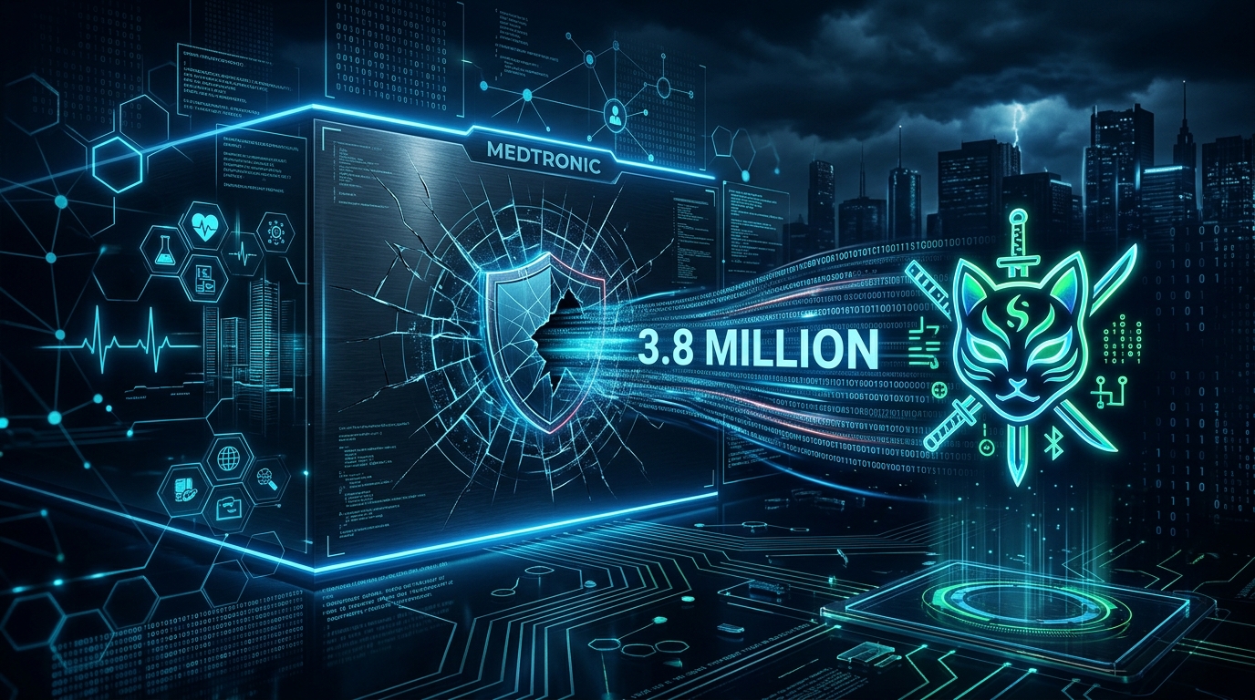 A cyber attack banner for Medtronic, featuring the ShinyHunters group logo and code symbolizing a data leak.