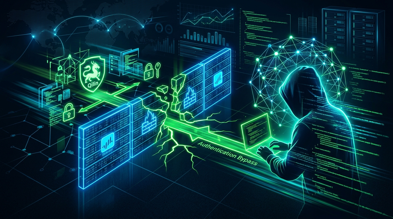 A graphical representation of the Qilin ransomware attack exploiting a vulnerability in a network firewall.