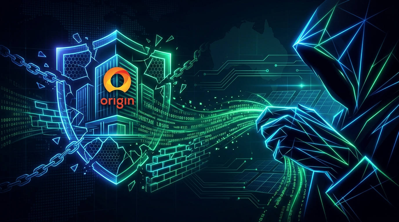 Origin Energy logo with a lock and digital code in front symbolizing a cyberattack