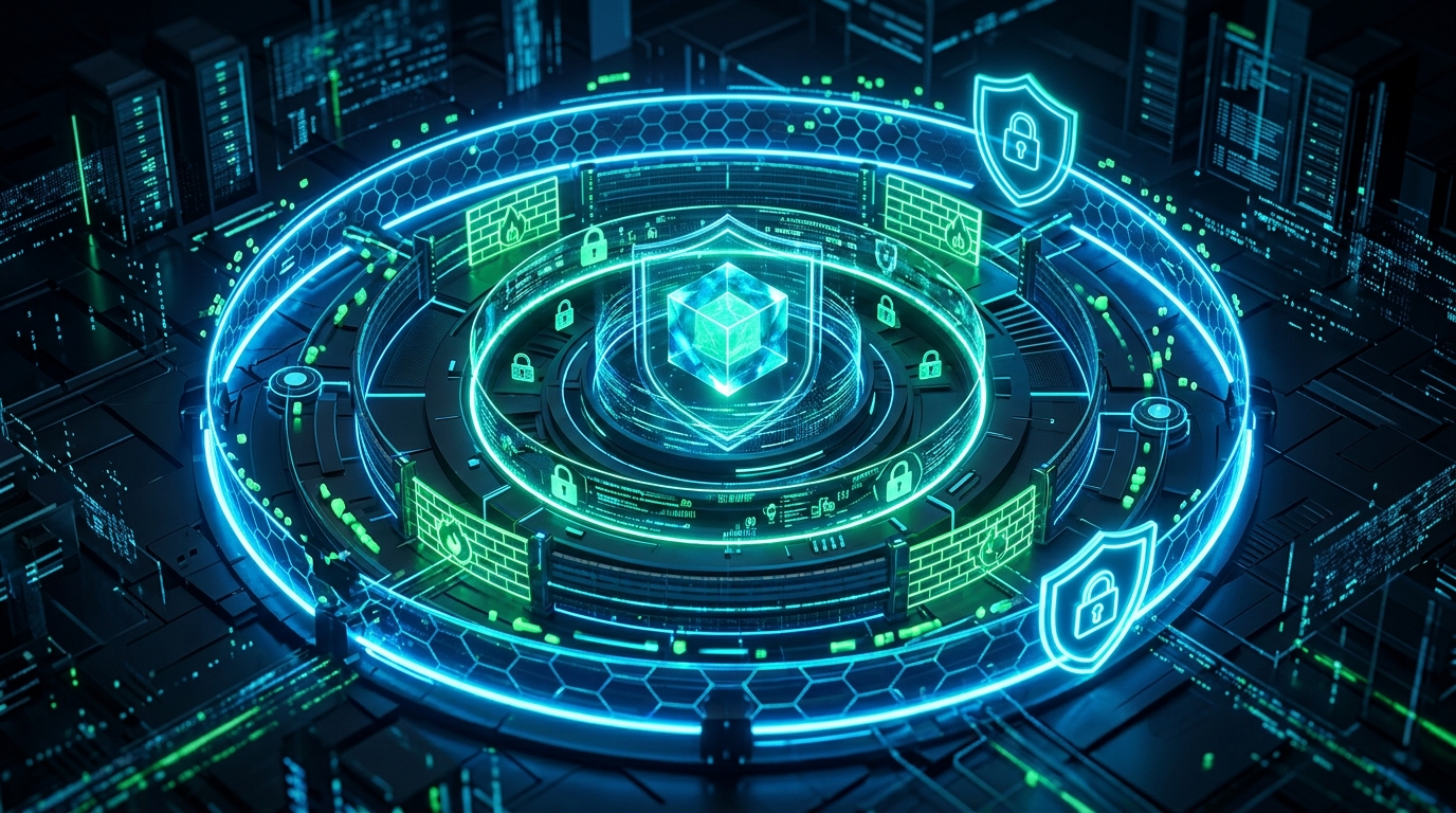 A cybersecurity concept image showing a digital shield in abstract blue and purple colors.