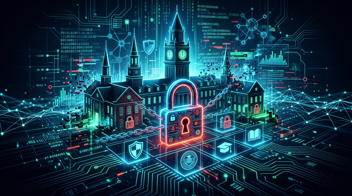 A conceptual image showing a digital lock and a warning symbol superimposed over a university campus.