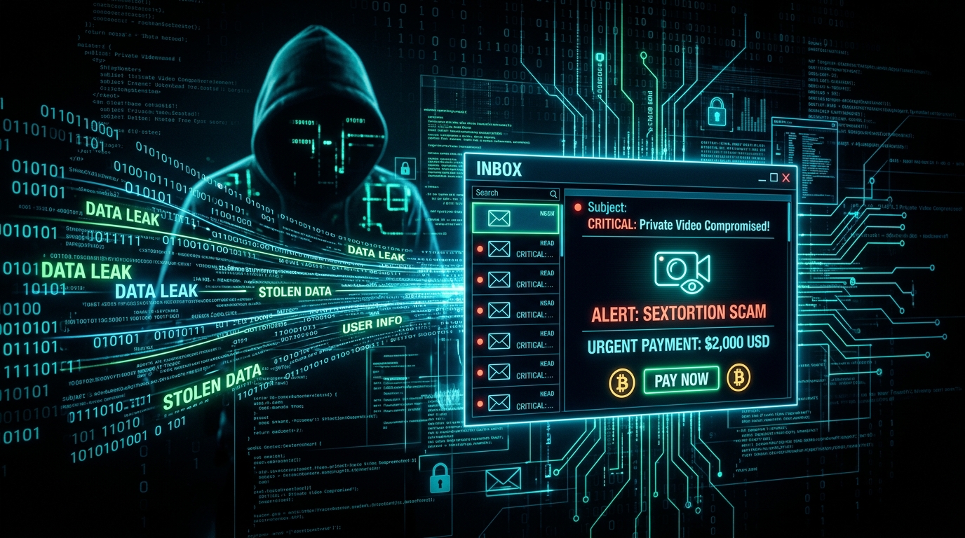 Concept of a sextortion email with the ShinyHunters name on a keyboard. Theme of data leaks and cyber fraud.