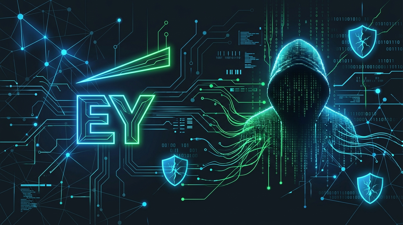 A digital lock icon superimposed over the Ernst & Young logo, symbolizing a cyber attack