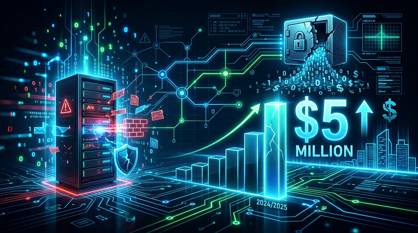 Numbers on a calculator showing 5 million dollars with cybersecurity icons in the background