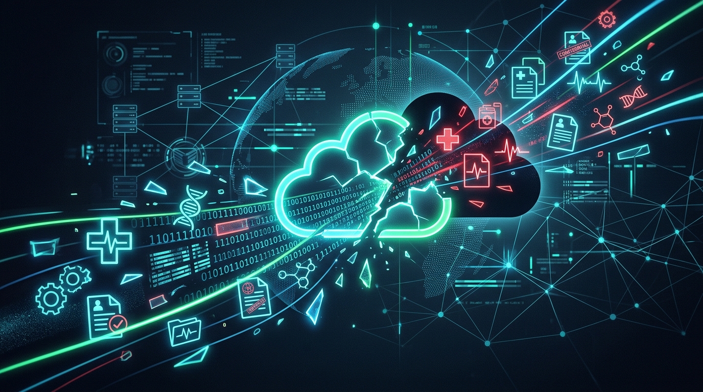 A lock icon symbolizing a cybersecurity breach in cloud computing in front of a pharmaceutical company's logo.