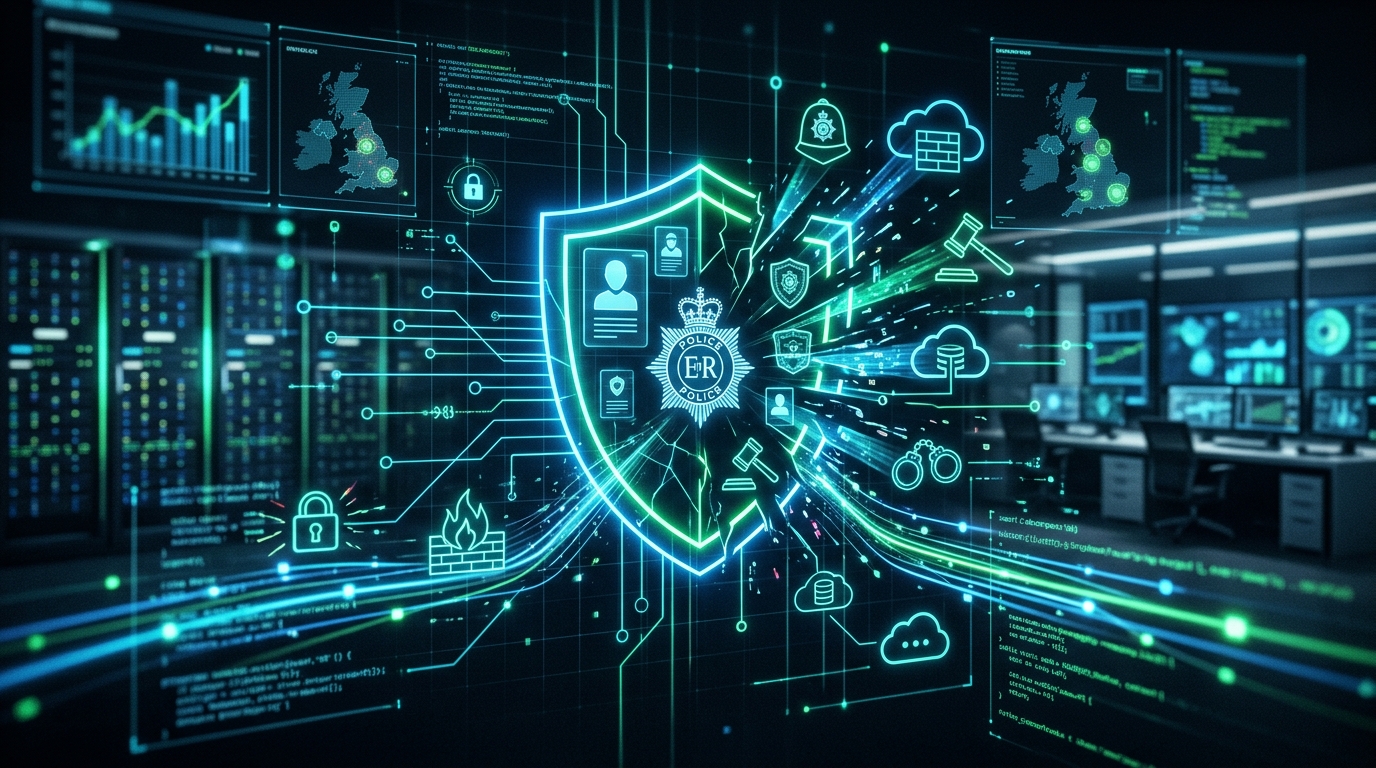 A British police helmet with a server room and data stream graphics in the background.