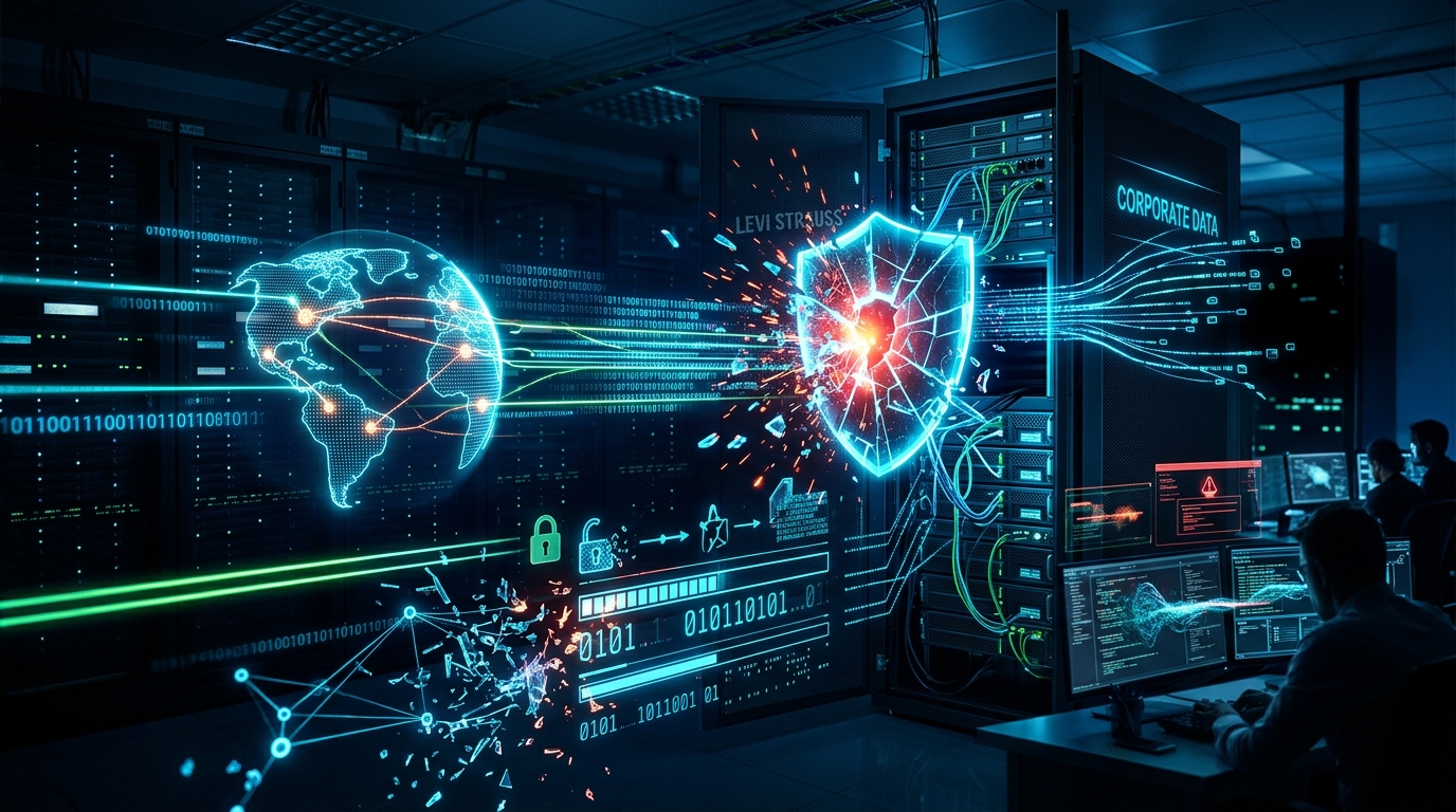 Levi's logo on a computer screen with a lock and cybersecurity warning symbol superimposed.