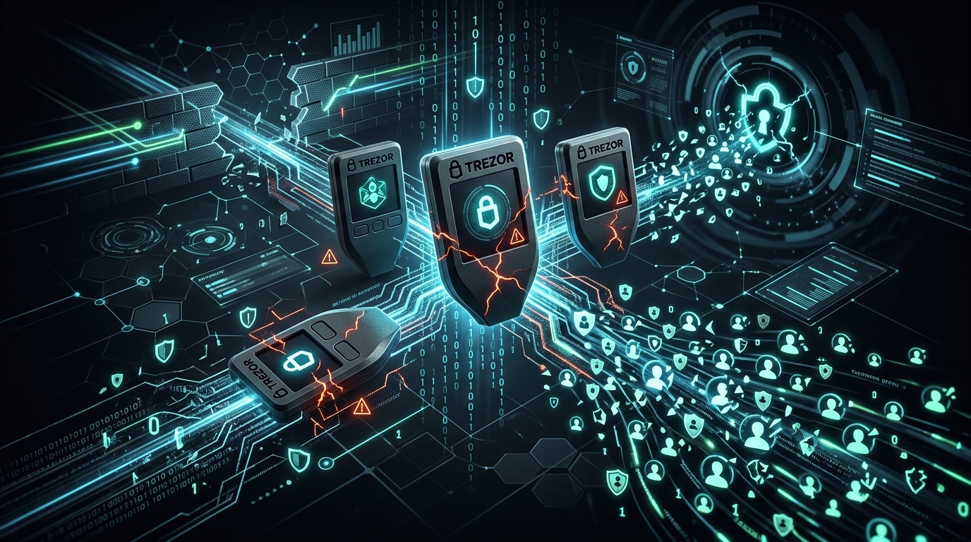 A concept image showing a Trezor hardware wallet next to a lock and a warning sign.