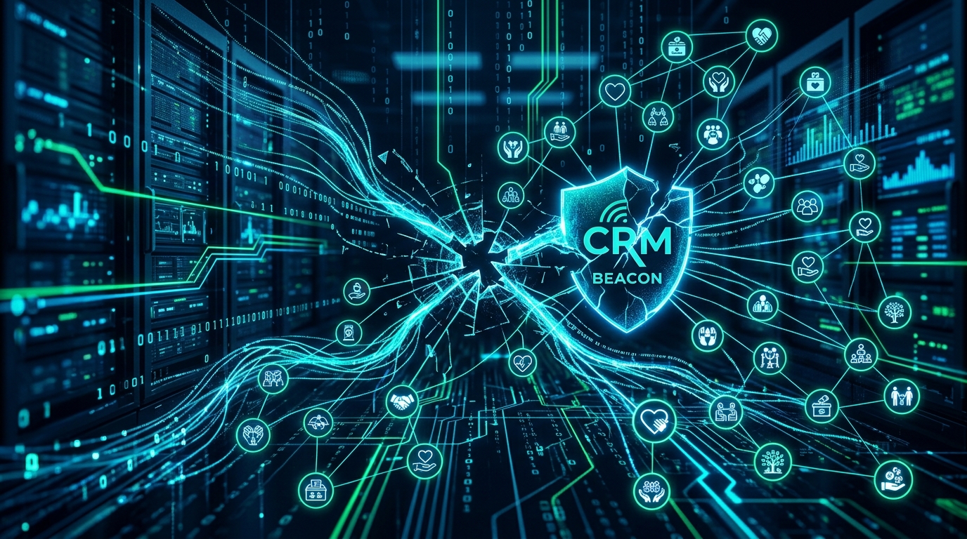 Conceptual image of a data breach warning on a computer screen for the Beacon CRM leak news.