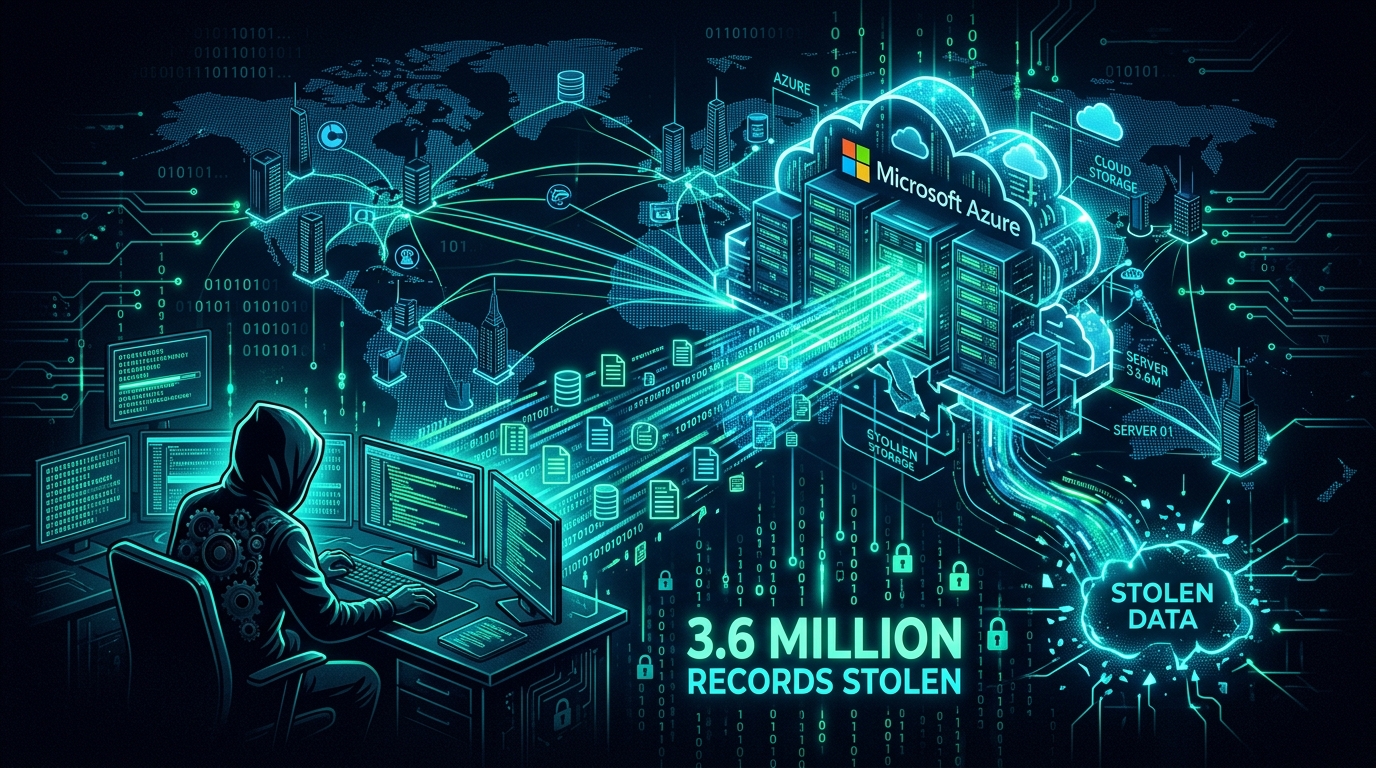 A representative silhouette of a hacker over logos of major companies and the Microsoft Azure cloud icon.