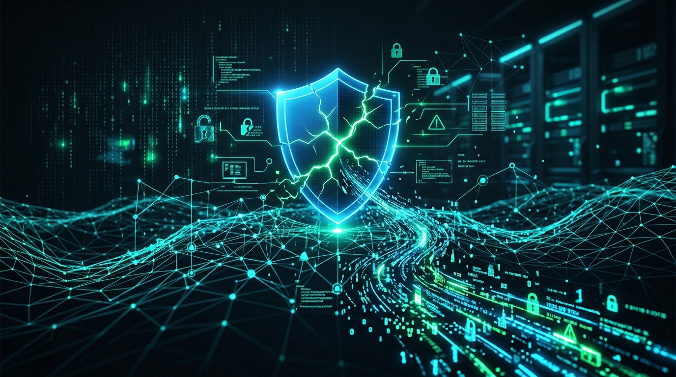 An image of a server room illuminated with blue light, with a padlock icon overlaid, representing a data breach.