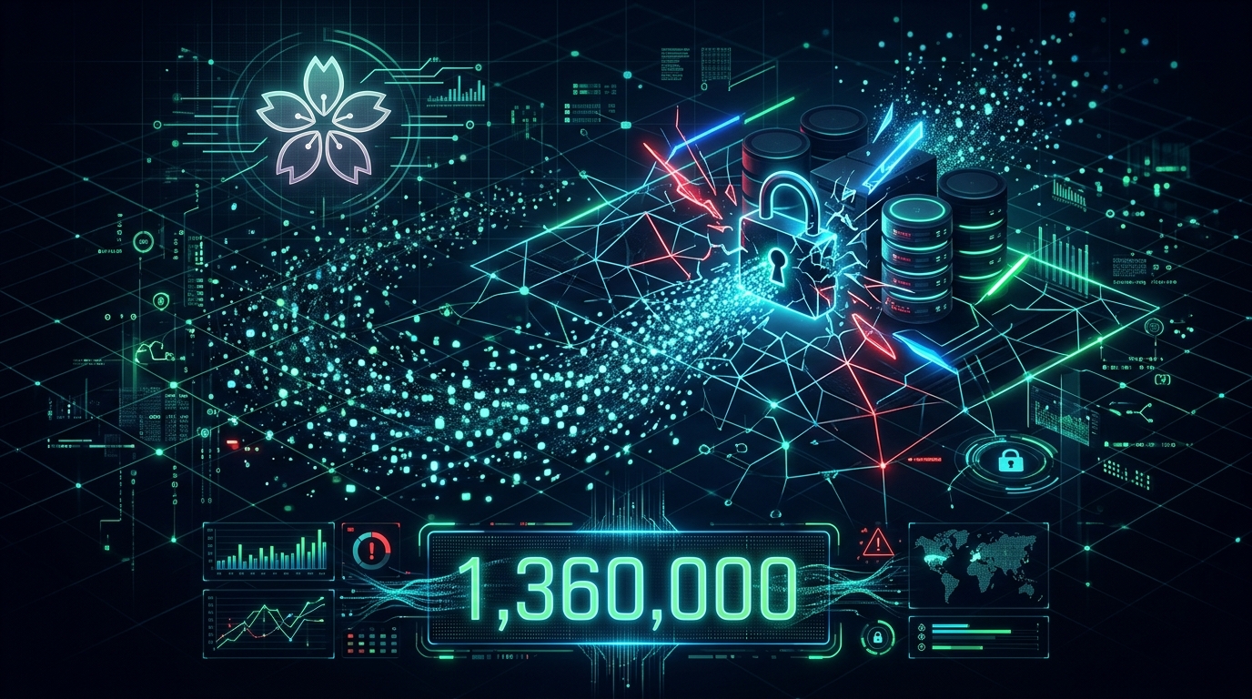 A cyberattack symbol over a Sakura Internet server room, representing a data breach.