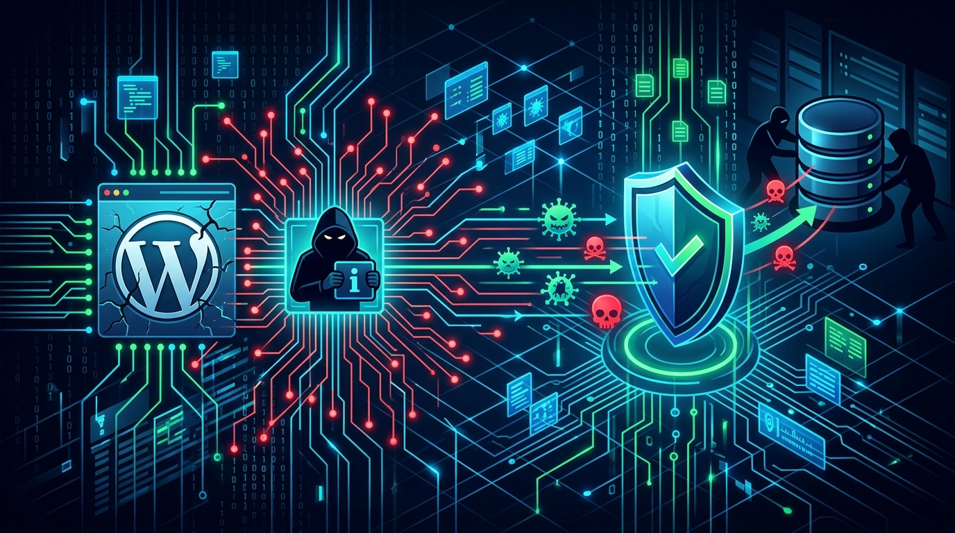 A cybersecurity concept image showing broken chain links with the WordPress logo in the background.