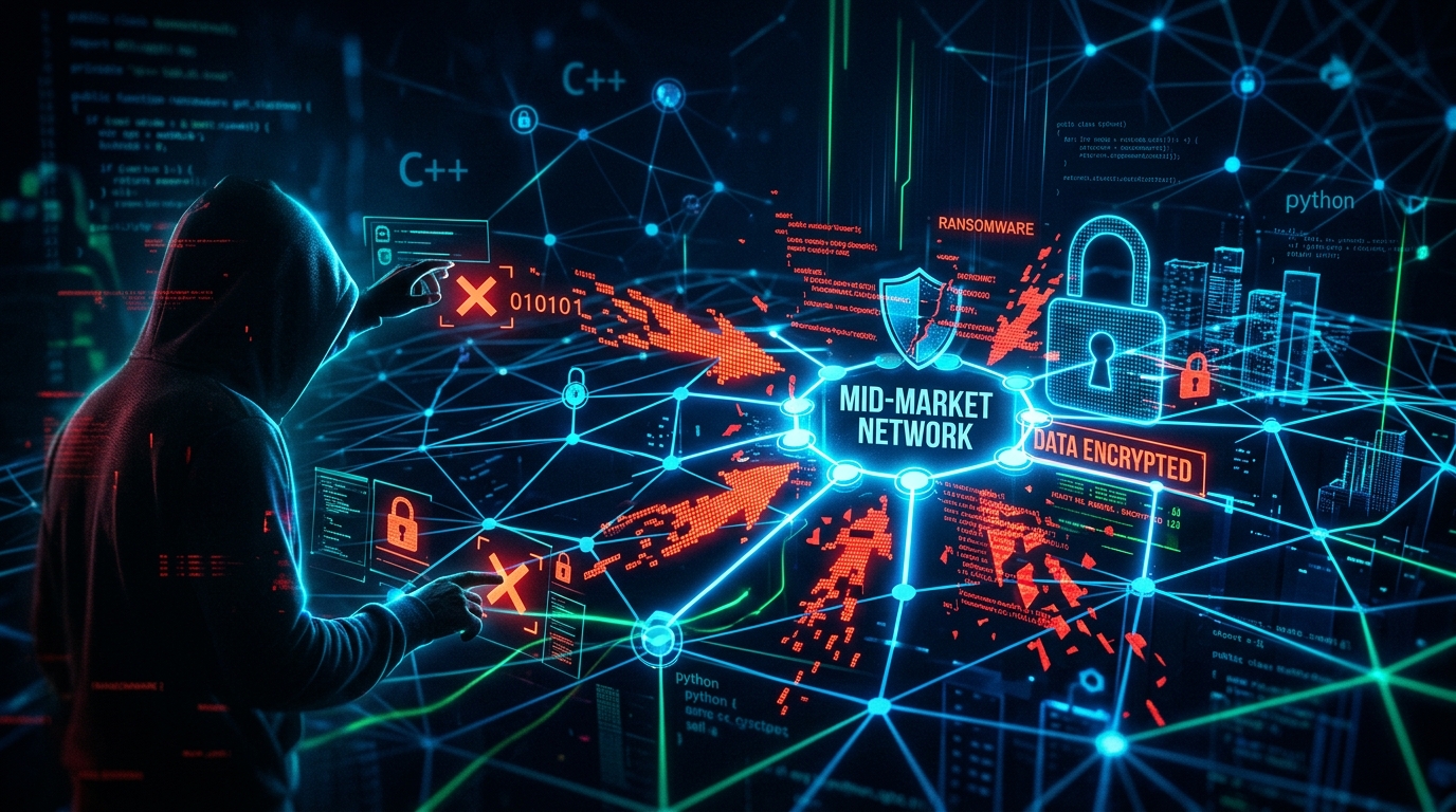 A businessman looks at a laptop with a red lock icon in the background, symbolizing a cyber threat.